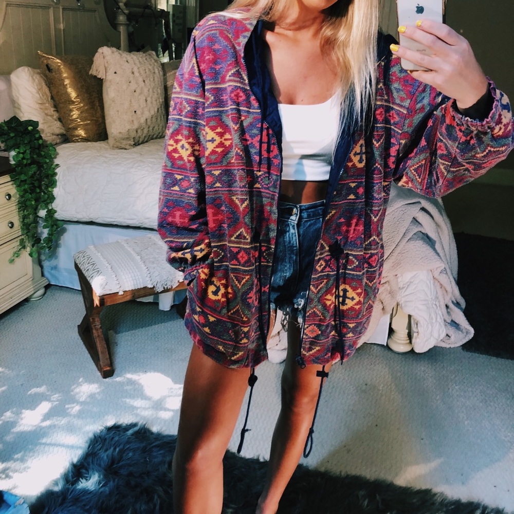 Vintage Multicolor Aztec Print Hooded Jacket